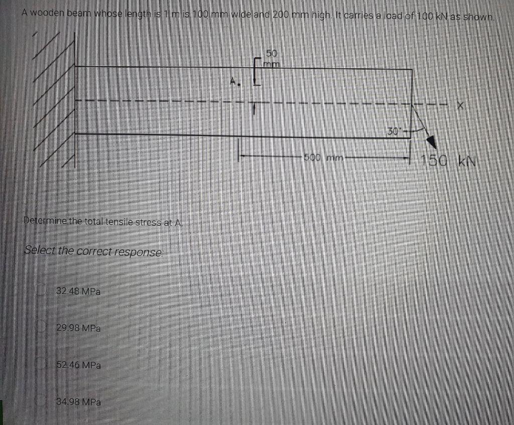 A Wooden Beam Whose Length Is 1 M Is 100 Mm Wide And 200 Mm High It Carries A Load Of 100 Kn As Shown Determine The To 1