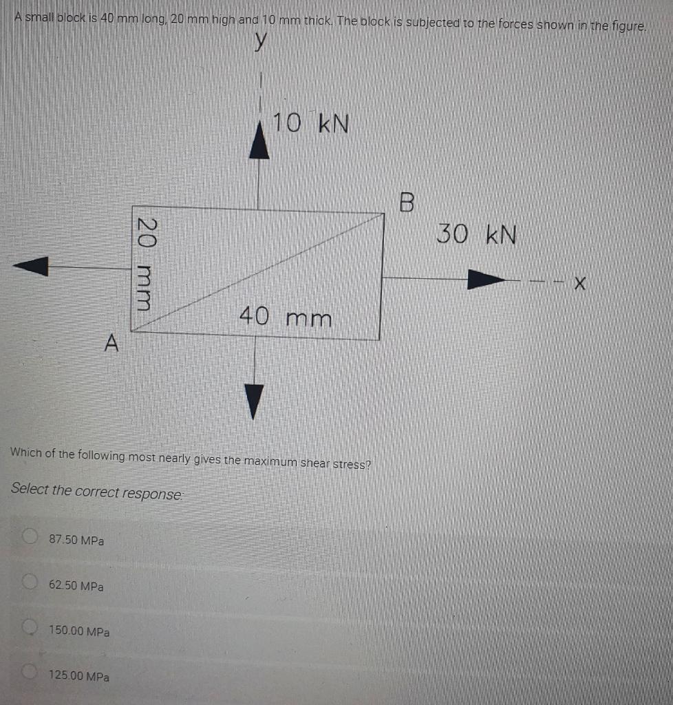 A Small Block Is 40 Mm Long 20 Mm High And 10 Mm Thick The Block Is Subjected To The Forces Shown In The Figure Y A 8 1