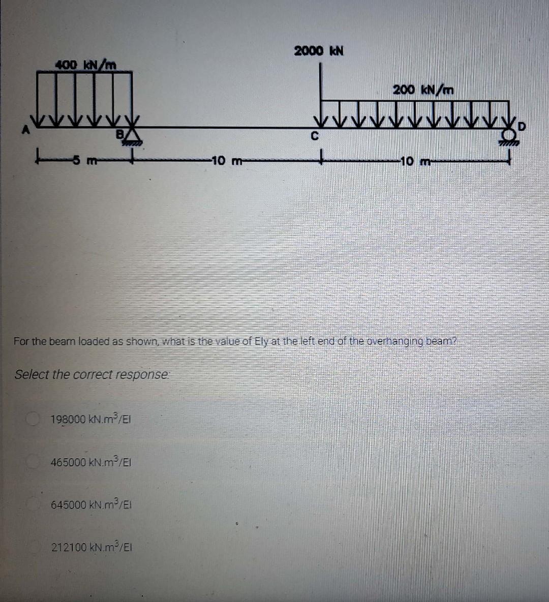 400 Kn M Select The Correct Response 198000 Kn M El 465000 Kn M E1 645000 Kn M Ei 10 M For The Beam Loaded As Shown 1