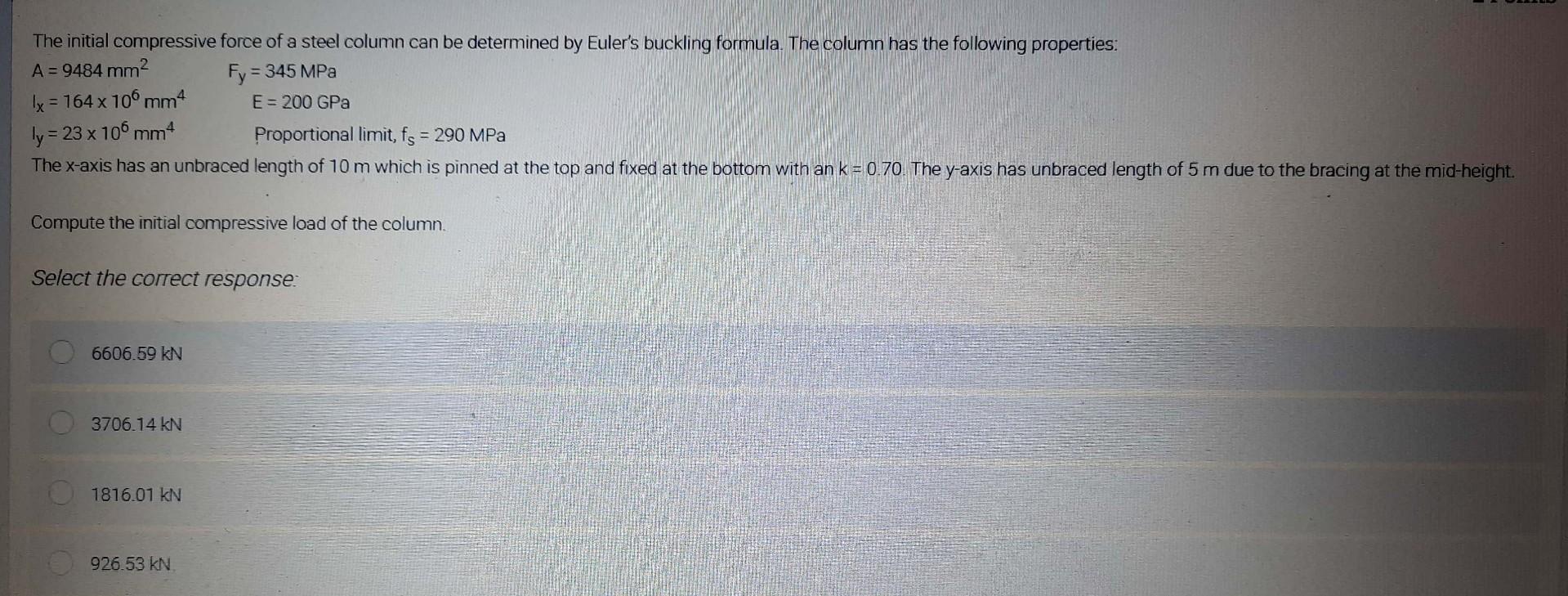 The Initial Compressive Force Of A Steel Column Can Be Determined By Euler S Buckling Formula The Column Has The Follow 1