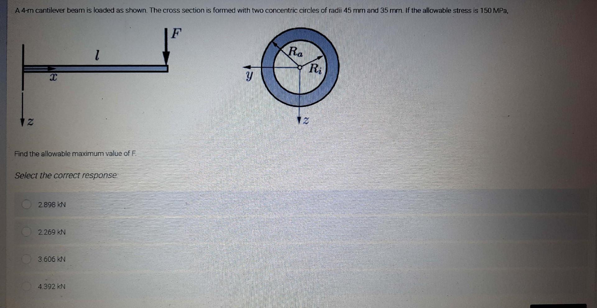 A 4 M Cantilever Beam Is Loaded As Shown The Cross Section Is Formed With Two Concentric Circles Of Radii 45 Mm And 35 1