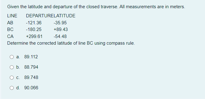 Given The Latitude And Departure Of The Closed Traverse All Measurements Are In Meters Line Departurelatitude Ab Bc Ca 1