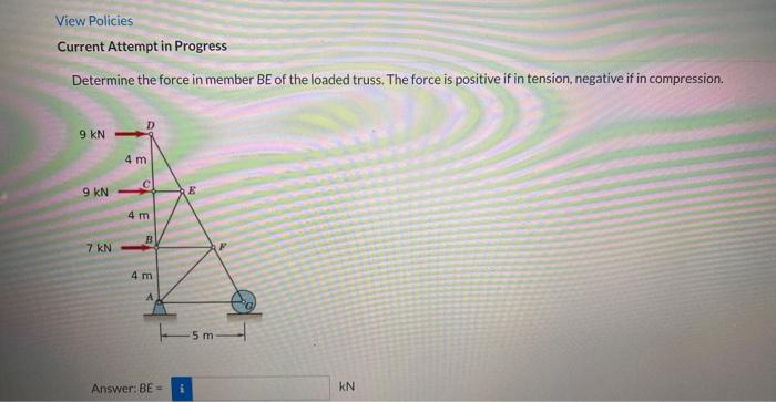 View Policies Current Attempt In Progress Determine The Force In Member Be Of The Loaded Truss The Force Is Positive If 1
