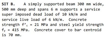 Sit B A Simply Supported Beam 300 Mm Wide 500 Mm Deep And Spans 6 M Supports A Service Super Imposed Dead Load Of 10 K 1