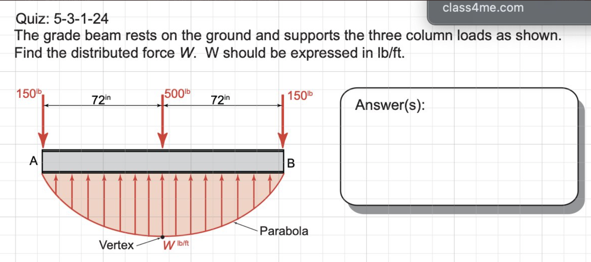 Quiz 5 3 1 24 The Grade Beam Rests On The Ground And Supports The Three Column Loads As Shown Find The Distributed For 1