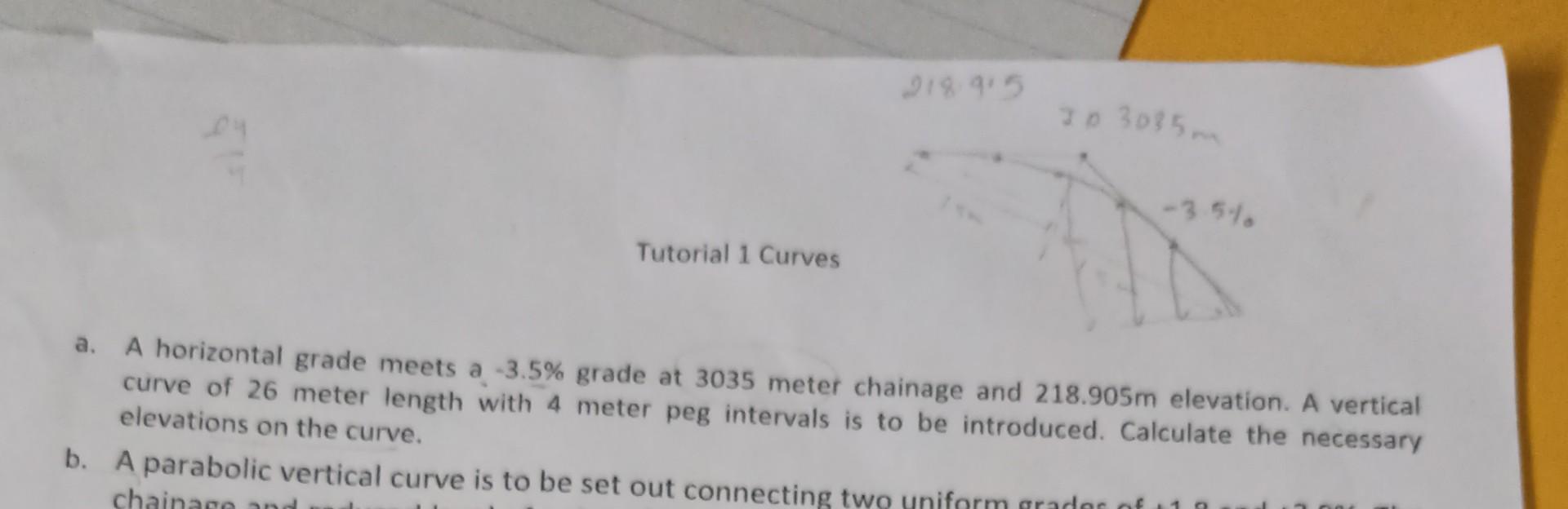Tutorial 1 Curves 20 3085m 3 5 A A Horizontal Grade Meets A 3 5 Grade At 3035 Meter Chainage And 218 905m Elevation 1