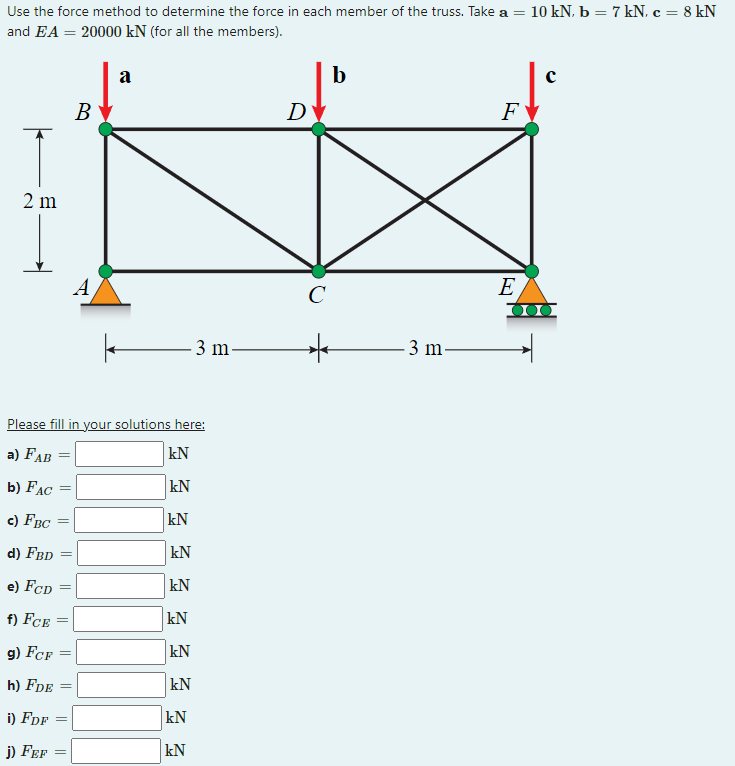 Use The Force Method To Determine The Force In Each Member Of The Truss Take A 10 Kn B 7 Kn C 8 Kn And Ea 2 1