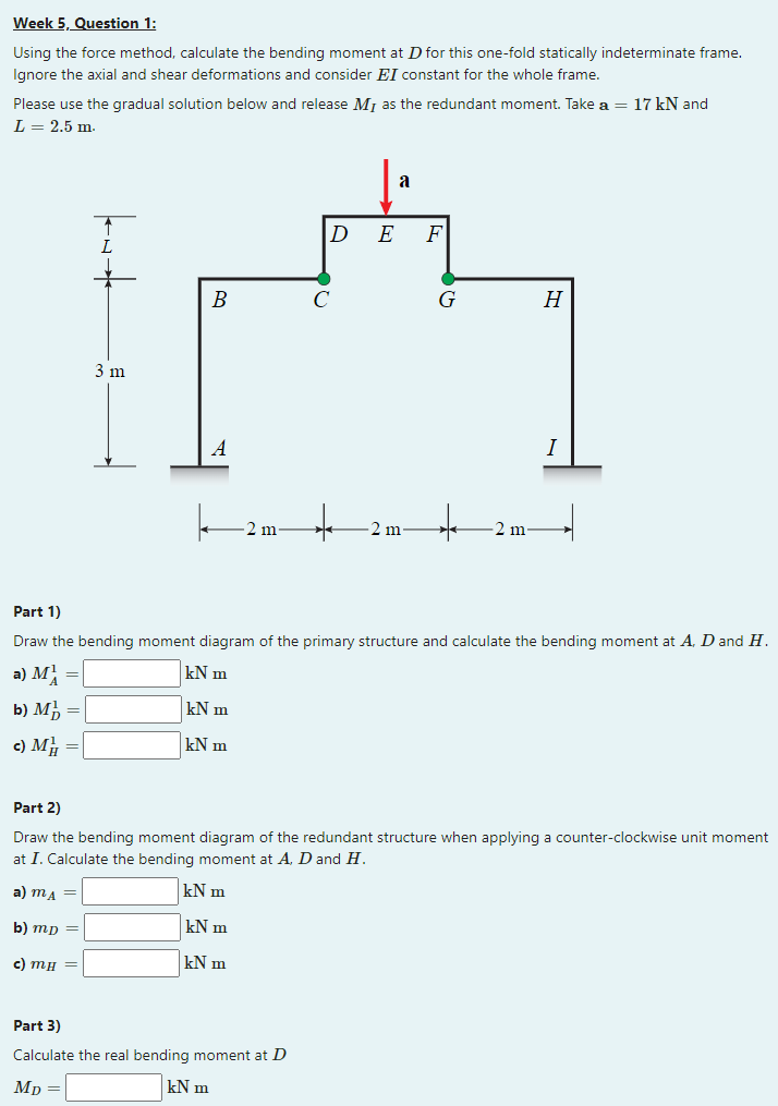 Week 5 Question 1 Using The Force Method Calculate The Bending Moment At D For This One Fold Statically Indeterminate 1