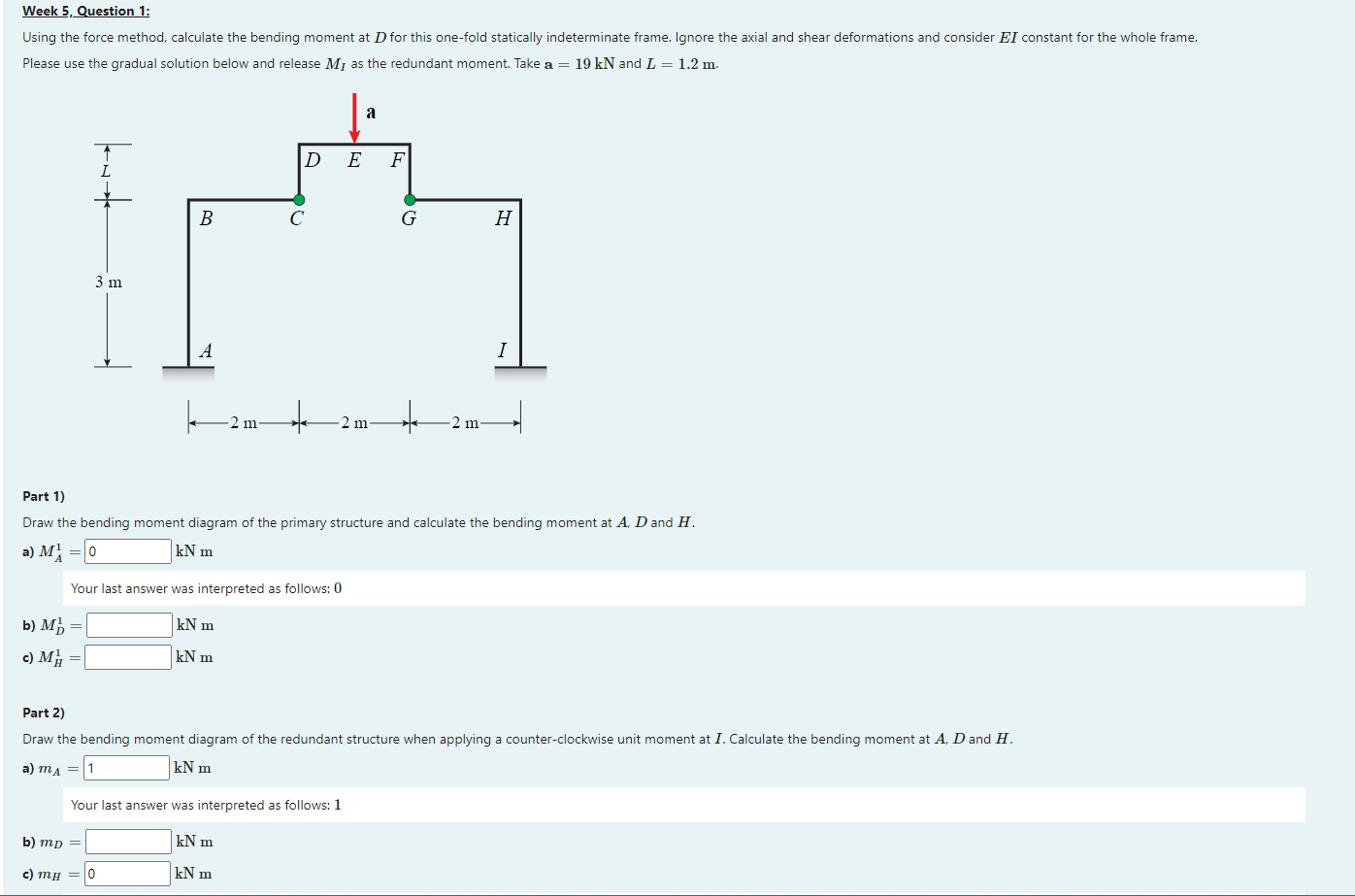 Week 5 Question 1 Using The Force Method Calculate The Bending Moment At D For This One Fold Statically Indeterminate 1