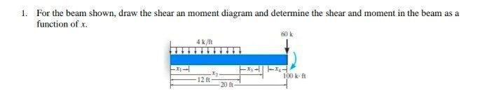 1 For The Beam Shown Draw The Shear An Moment Diagram And Determine The Shear And Moment In The Beam As A Function Of 1