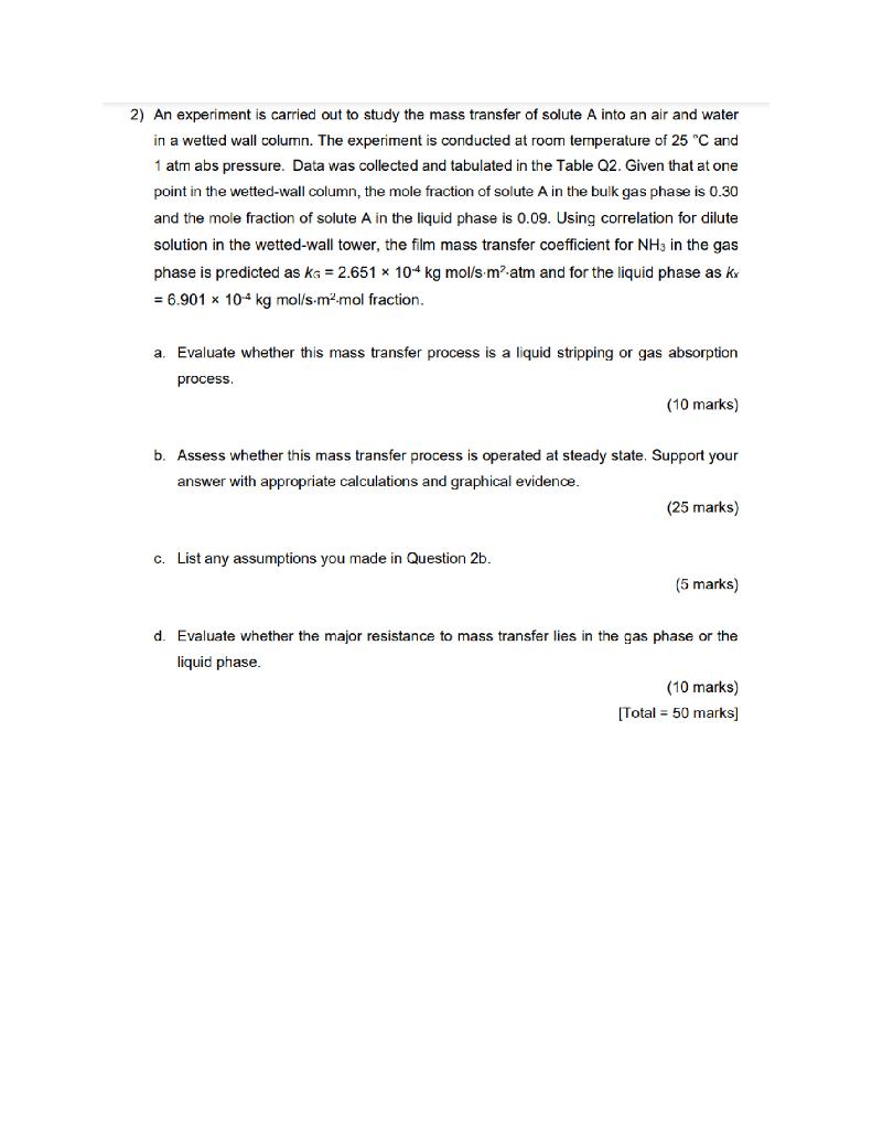 2 An Experiment Is Carried Out To Study The Mass Transfer Of Solute A Into An Air And Water In A Wetted Wall Column Th 1