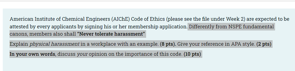 American Institute Of Chemical Engineers Aiche Code Of Ethics Please See The File Under Week 2 Are Expected To Be At 1
