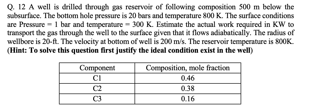 Q 12 A Well Is Drilled Through Gas Reservoir Of Following Composition 500 M Below The Subsurface The Bottom Hole Press 1