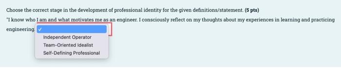 Choose The Correct Stage In The Development Of Professional Identity For The Given Definitions Statement 5 Pts Conce 2