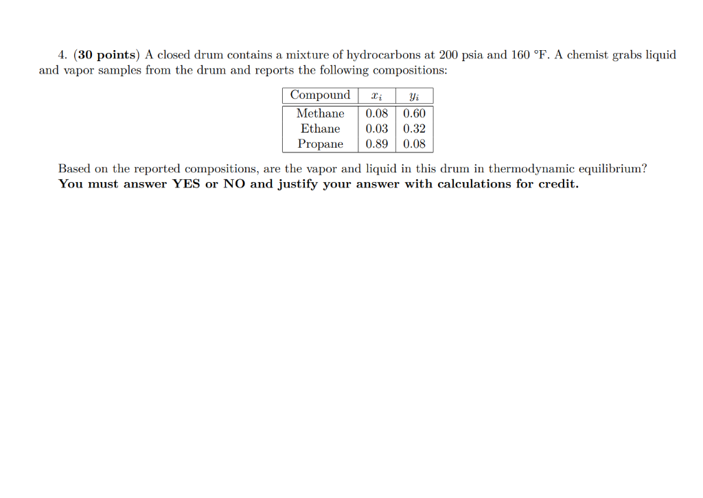 4 30 Points A Closed Drum Contains A Mixture Of Hydrocarbons At 200 Psia And 160 F A Chemist Grabs Liquid And Vapor 1