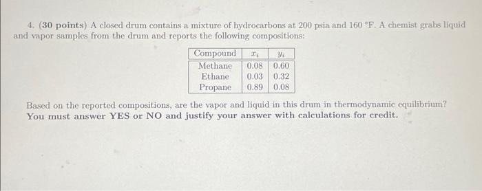 4 30 Points A Closed Drum Contains A Mixture Of Hydrocarbons At 200 Psia And 160 F A Chemist Grabs Liquid And Vapor 1