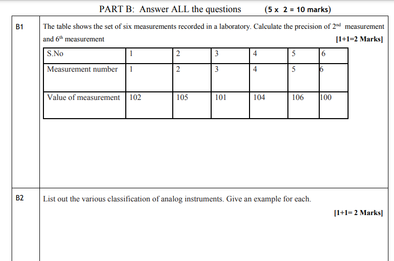B1 B2 Part B Answer All The Questions 5 X 2 10 Marks The Table Shows The Set Of Six Measurements Recorded In A Labo 1