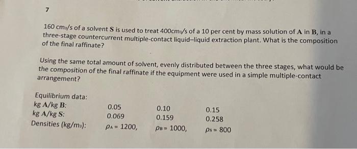 7 160 Cm S Of A Solvent S Is Used To Treat 400cm S Of A 10 Per Cent By Mass Solution Of A In B In A Three Stage Counter 1