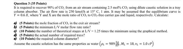 Question 3 35 Points It Is Required To Recover 90 Of Co From An Air Stream Containing 2 5 Mol Co Using Dilute Cau 1