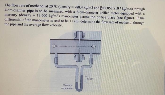 The Flow Rate Of Methanol At 20 C Density 788 4 Kg M3 And 5 857 X10 Kg M S Through 4 Cm Diamter Pipe Is To Be Measu 1
