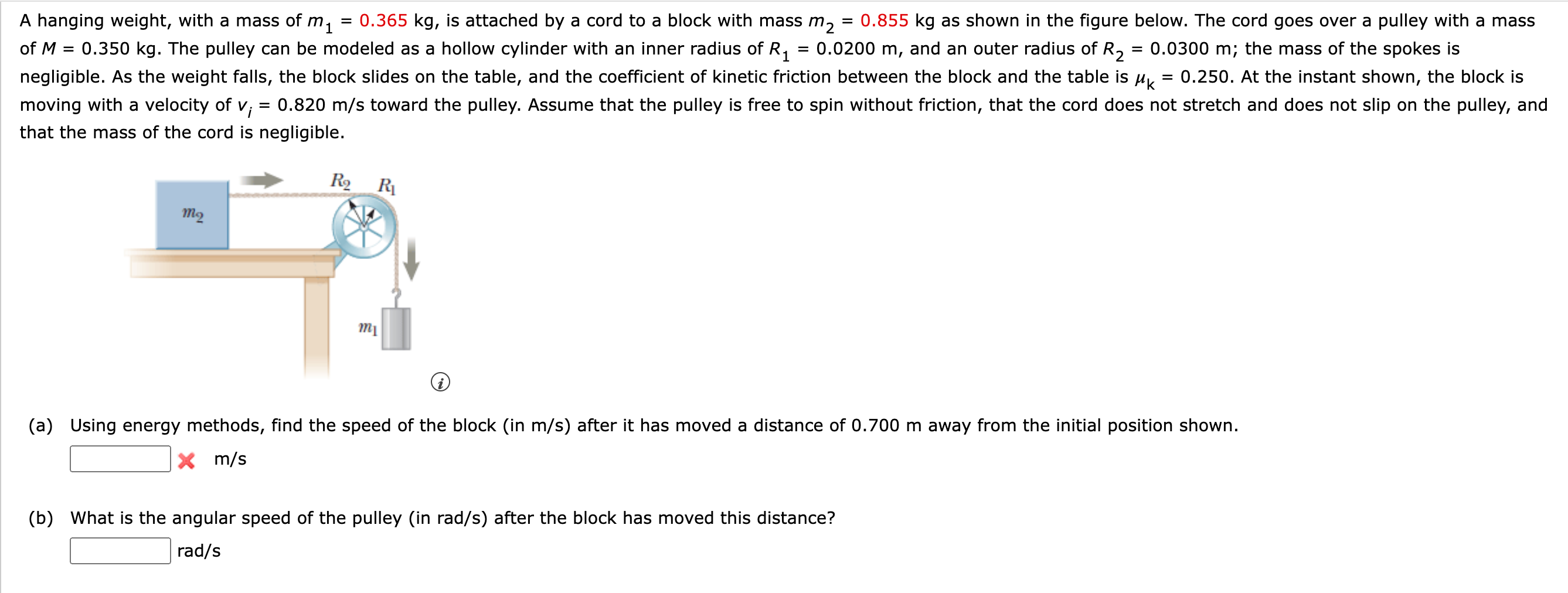 A Hanging Weight With A Mass Of Mi 0 365 Kg Is Attached By A Cord To A Block With Mass M2 0 855 Kg As Show 1