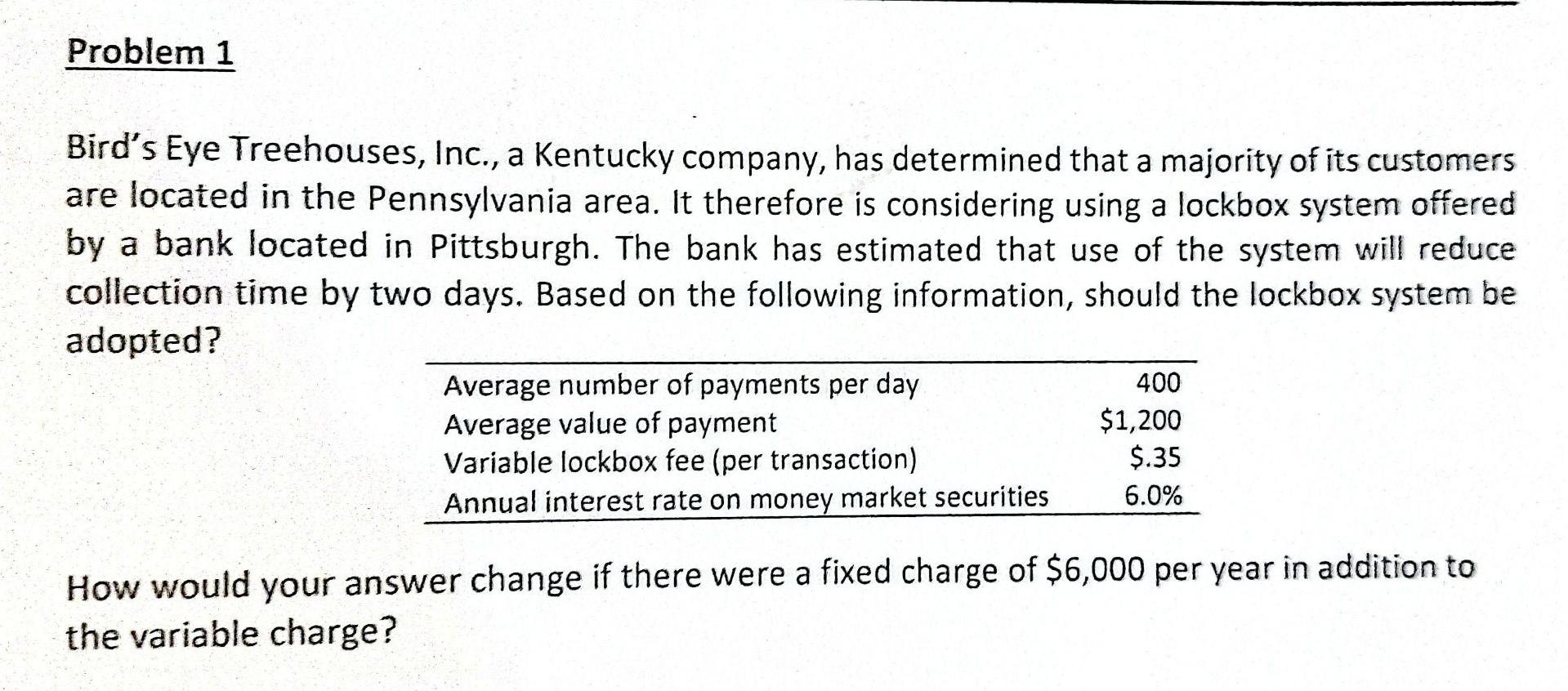 Problem 1 Bird S Eye Treehouses Inc A Kentucky Company Has Determined That A Majority Of Its Customers Are Located I 2