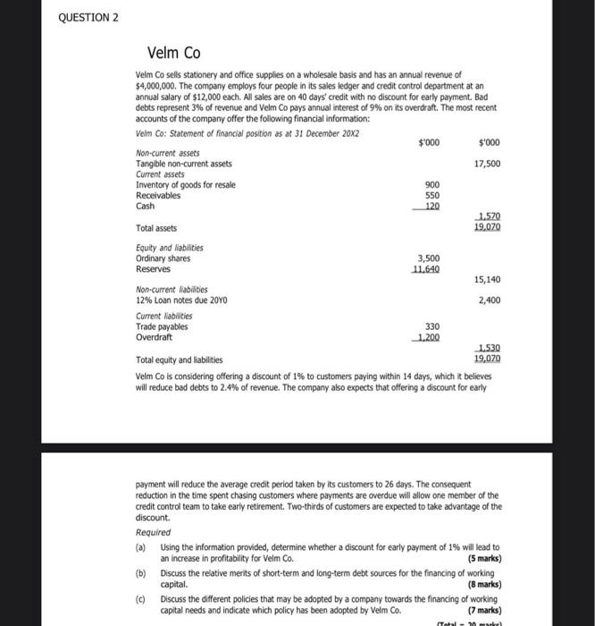 Question 2 Velm Co Velm Co Sells Stationery And Office Supplies On A Wholesale Basis And Has An Annual Revenue Of 4 000 1