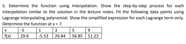 5 Determine The Function Using Interpolation Show The Step By Step Process For Each Interpolation Similar To The Solut 1