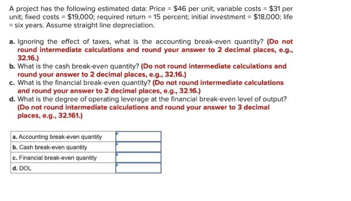 A Project Has The Following Estimated Data Price 46 Per Unit Variable Costs 31 Per Unit Fixed Costs 19 000 1