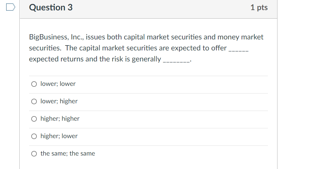 Question 3 Bigbusiness Inc Issues Both Capital Market Securities And Money Market Securities The Capital Market Secu 1