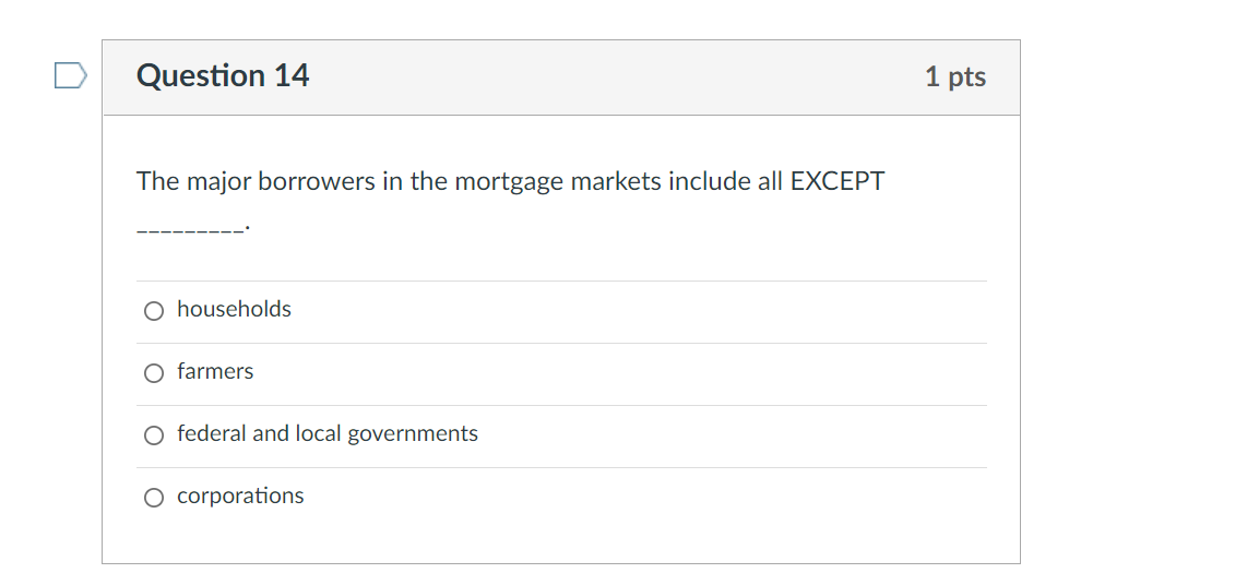 Question 14 The Major Borrowers In The Mortgage Markets Include All Except O Households O Farmers O Federal And Local Go 1