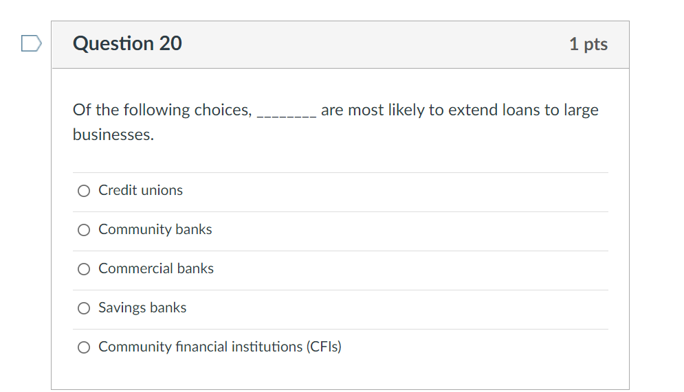 Question 20 Of The Following Choices Businesses O Credit Unions O Community Banks O Commercial Banks Savings Banks 1 P 1
