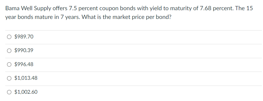 Bama Well Supply Offers 7 5 Percent Coupon Bonds With Yield To Maturity Of 7 68 Percent The 15 Year Bonds Mature In 7 Y 1