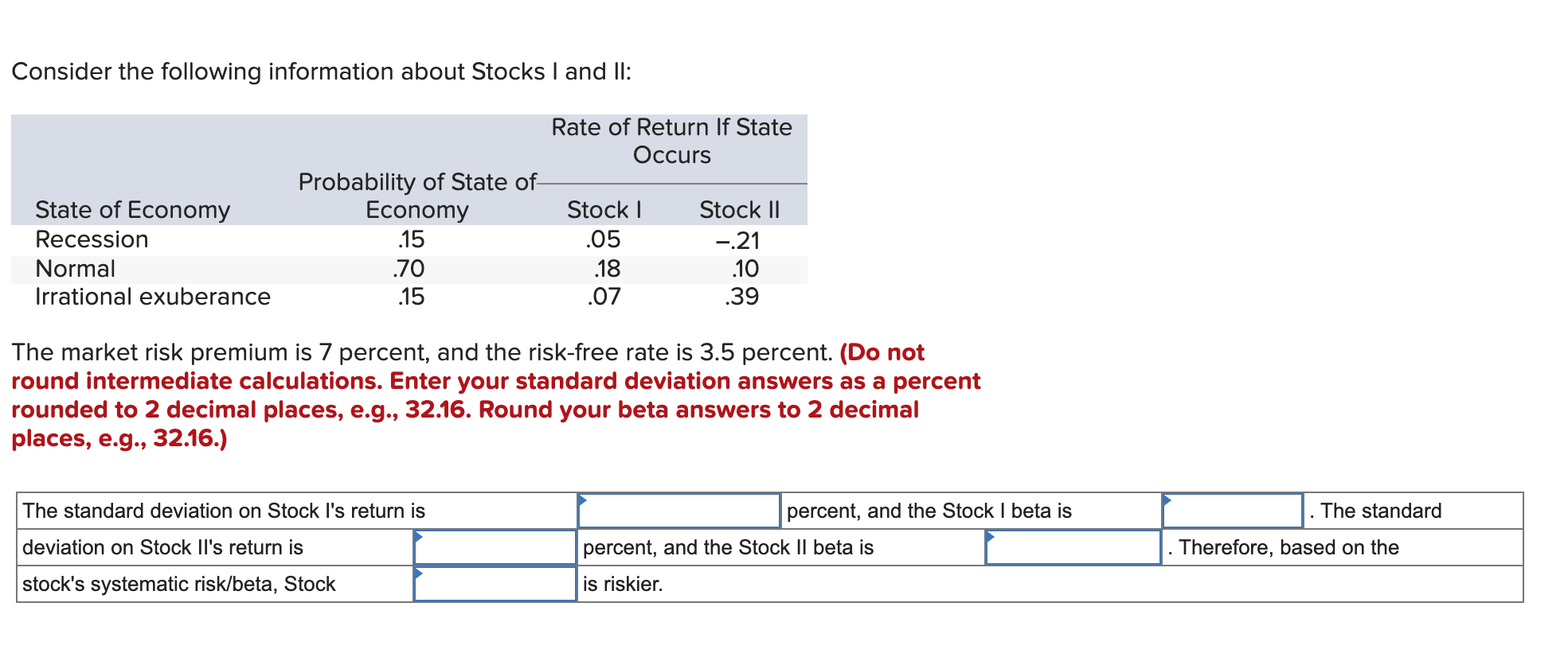 Consider The Following Information About Stocks I And Ii State Of Economy Recession Normal Irrational Exuberance Probab 1
