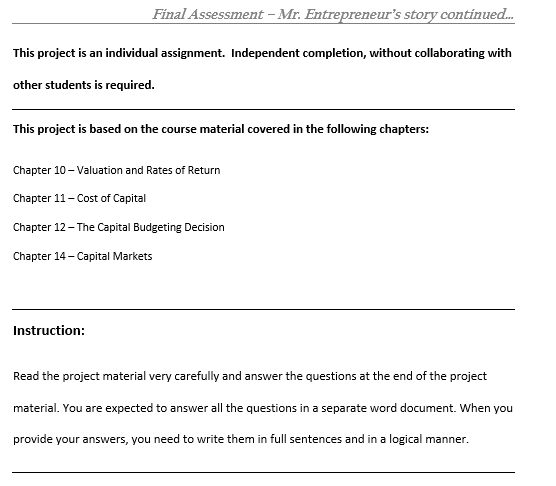 Final Assessment Mr Entrepreneur S Story Continued This Project Is An Individual Assignment Independent Completio 1