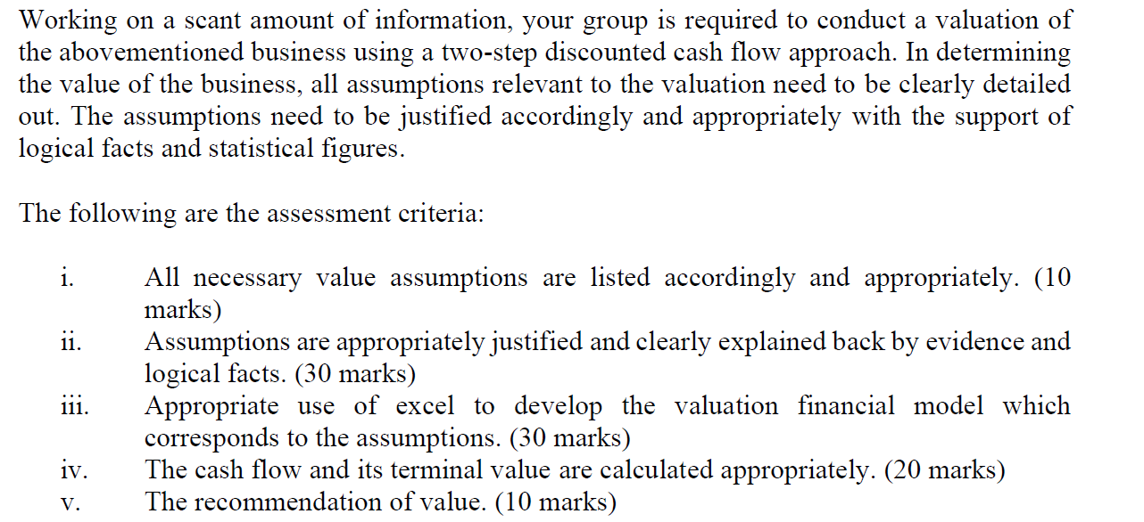 Working On A Scant Amount Of Information Your Group Is Required To Conduct A Valuation Of The Abovementioned Business U 1