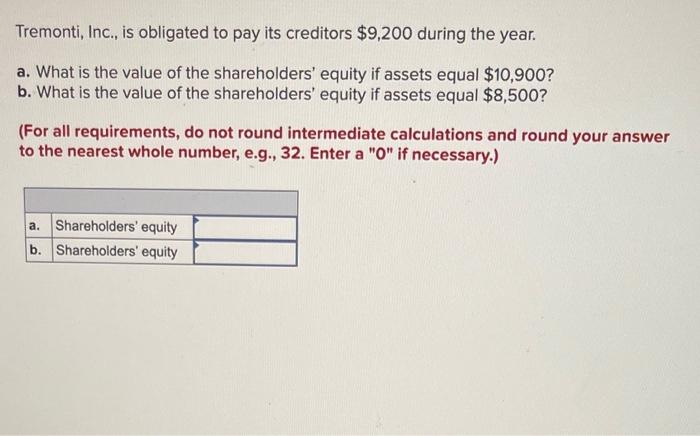 Tremonti Inc Is Obligated To Pay Its Creditors 9 200 During The Year A What Is The Value Of The Shareholders Equi 1