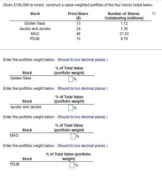 Given 100 000 To Invest Construct A Value Weighted Portfolio Of The Four Stocks Listed Below Stock Price Share 13 1
