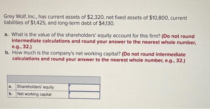 Grey Wolf Inc Has Current Assets Of 2 320 Net Fixed Assets Of 10 800 Current Liabilities Of 1 425 And Long Term 1