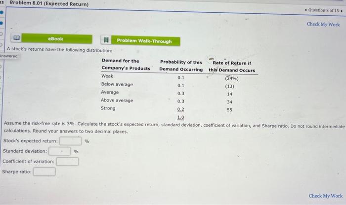 S Problem 8 01 Expected Return Ebook A Stock S Returns Have The Following Distribution Answered Coefficient Of Variat 1