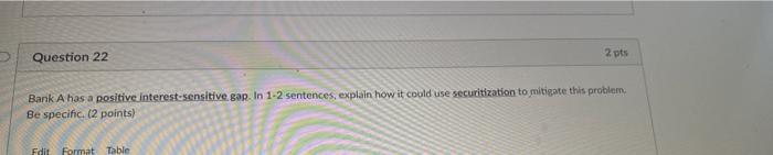 Question 22 2 Pts Bank A Has A Positive Interest Sensitive Gap In 1 2 Sentences Explain How It Could Use Securitizatio 1