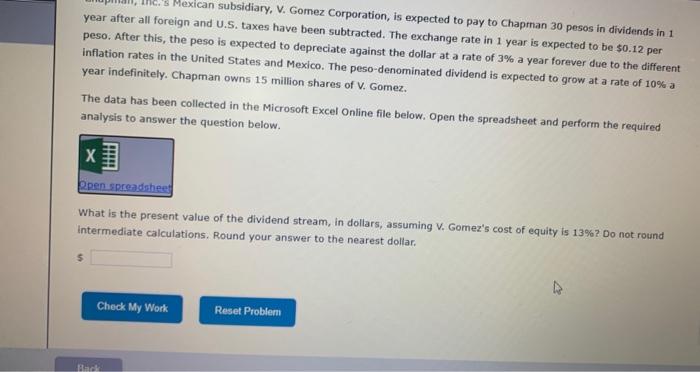 Excel Online Structured Activity Foreign Investment Analysis Chapman Inc S Mexican Subsidiary V Gomez Corporation 2