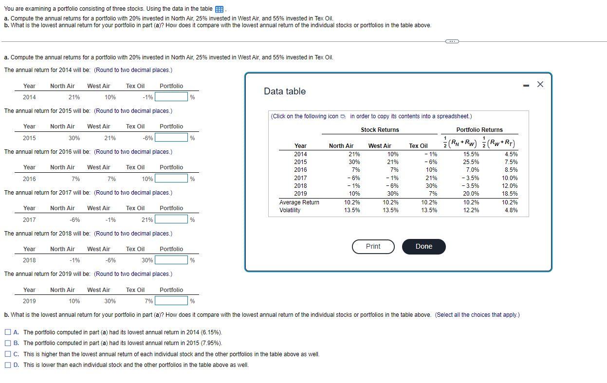 You Are Examining A Portfolio Consisting Of Three Stocks Using The Data In The Table A Compute The Annual Returns For 1