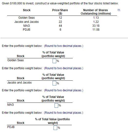 Given 100 000 To Invest Construct A Value Weighted Portfolio Of The Four Stocks Listed Below Price Share Number Of Sh 1