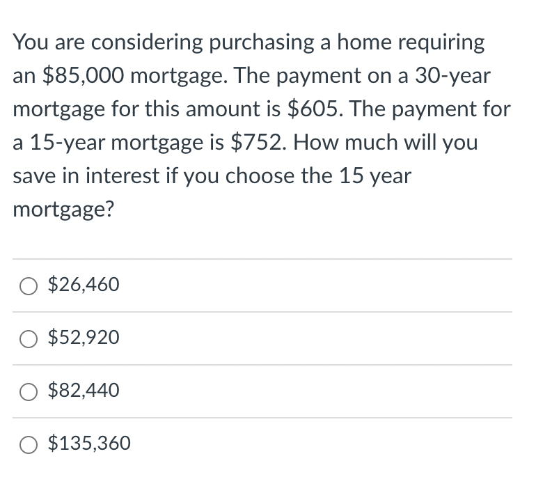You Are Considering Purchasing A Home Requiring An 85 000 Mortgage The Payment On A 30 Year Mortgage For This Amount I 1