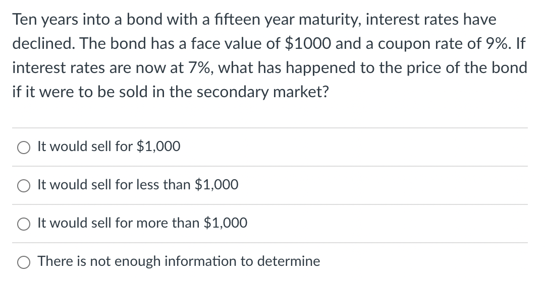 Ten Years Into A Bond With A Fifteen Year Maturity Interest Rates Have Declined The Bond Has A Face Value Of 1000 And 1