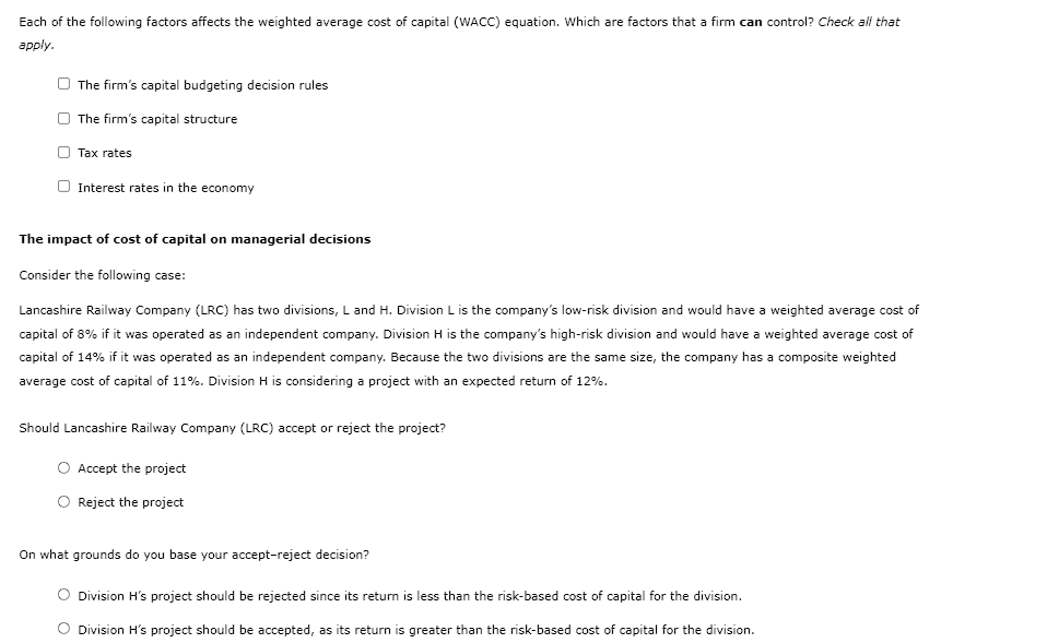 Each Of The Following Factors Affects The Weighted Average Cost Of Capital Wacc Equation Which Are Factors That A Fir 1