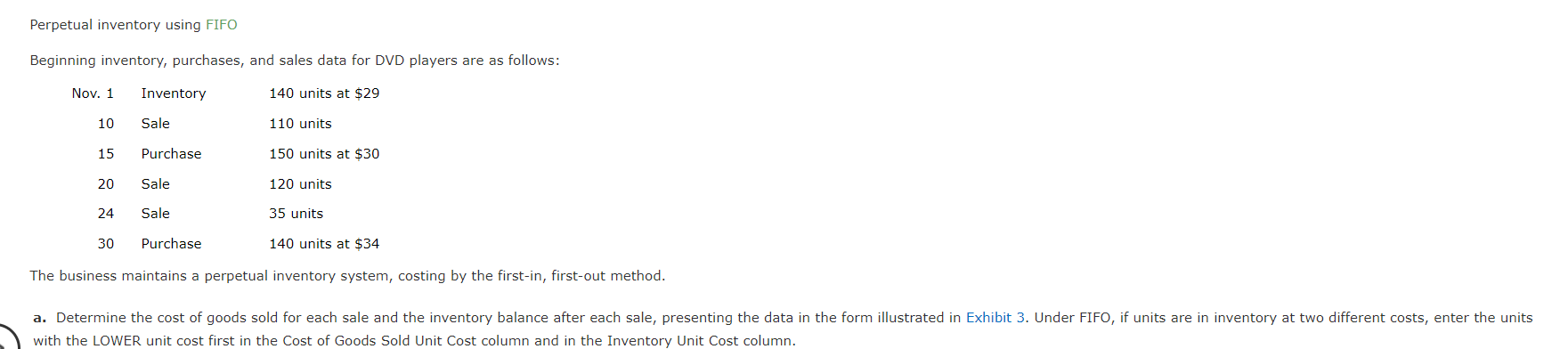 Perpetual Inventory Using Fifo Beginning Inventory Purchases And Sales Data For Dvd Players Are As Follows Nov 1 Inv 1