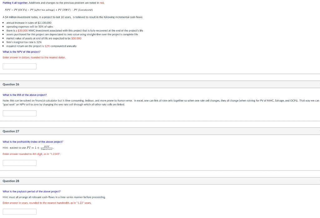 Putting It All Together Additions And Changes To The Previous Problem Are Noted In Red Npvpv Ocfa Pv After Tax Salv 1