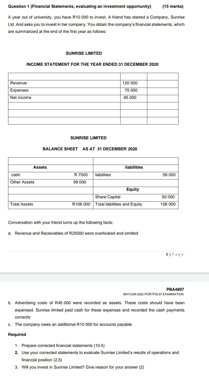 Question 1 Financial Statements Evaluating An Investment Opportunity 15 Marks A Year Out Of University You Have R1 1